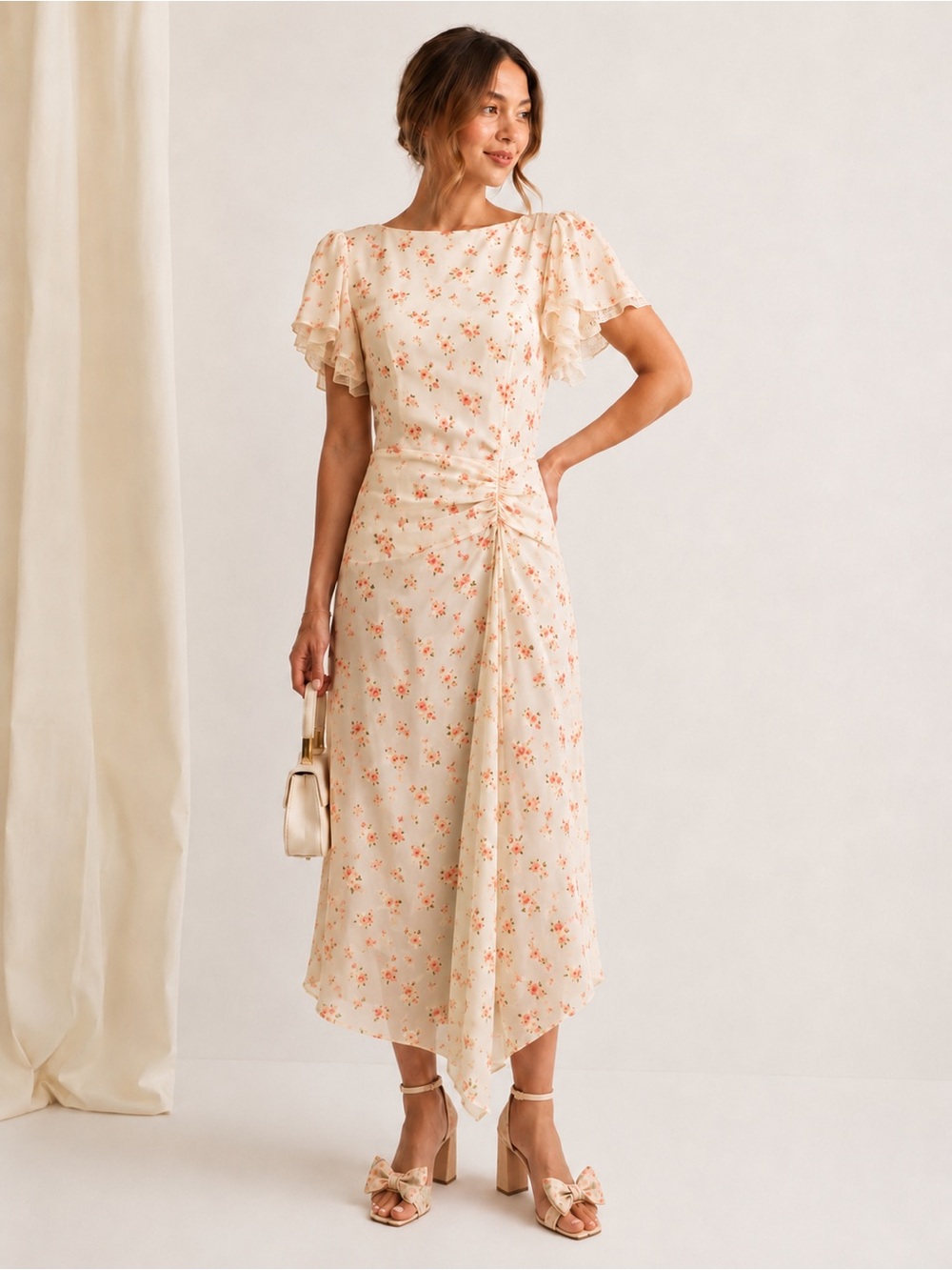 AFRM • Vittoria Floral Cowl Back Midi Dress • Cream and Coral Pink • Size Small